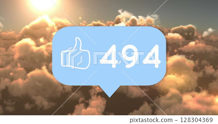 Digital image of like icon with number text over sky background 128304369