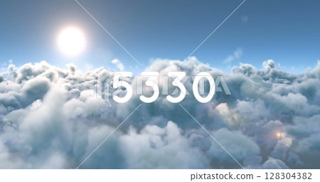 Digital image of the number displayed in bold white text over a cloudy sky background 128304382