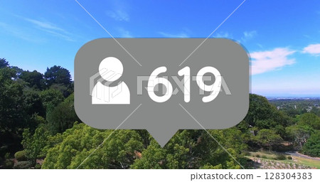 On landscape background, human icon with number highlighting social media engagement 128304383