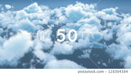 Digital image of the number displayed in bold white text over a cloudy sky background Digital image of the number displayed in bold white text over a cloudy sky background 128304384