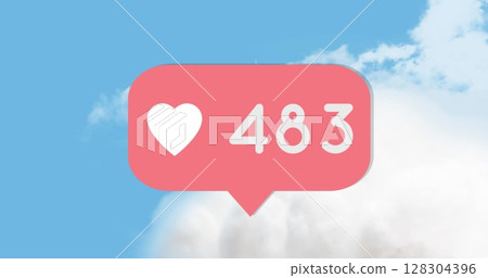 Digital image of heart icon with number text over sky background 128304396