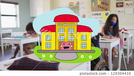Image of school items icons moving over schoolchildren wearing face masks 128304410