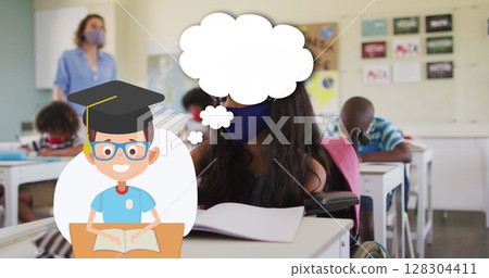 Image of school items icons moving over schoolchildren wearing face masks 128304411