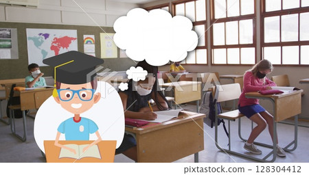 Image of school items icons moving over schoolchildren wearing face masks 128304412