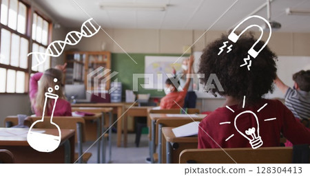Image of school items icons moving over schoolchildren wearing face masks 128304413