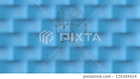 Digital image of human face model spinning against textured pattern on blue background 128304424