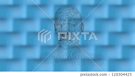Digital image of human face model spinning against textured pattern on blue background 128304425