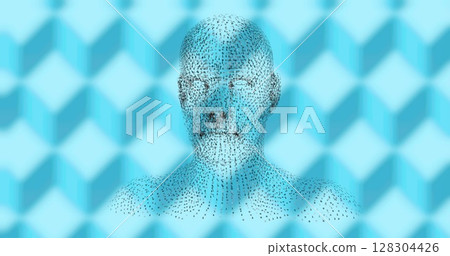 Image of human head formed with binary coding spinning over patterned blue background 128304426