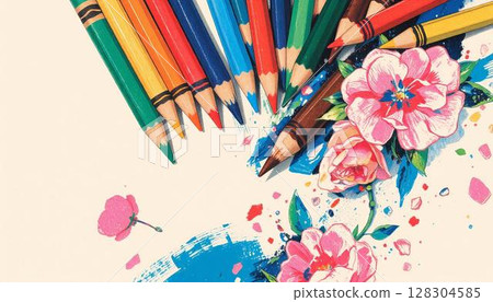 Colored pencils and flowers 128304585