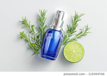 Blue cosmetic glass bottle with serum, face cream, and lime on a white background Blue cosmetic glass bottle with serum, face cream, and lime on a white background 128304598