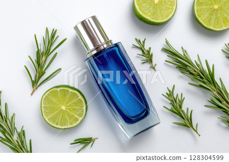Blue cosmetic glass bottle with serum, face cream, and lime on a white background Blue cosmetic glass bottle with serum, face cream, and lime on a white background 128304599