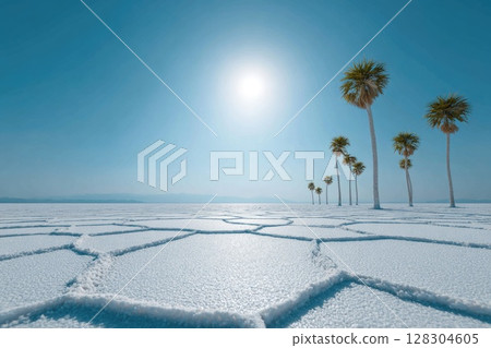 white hexagonal salt lake floor with a blue sky and sun 128304605