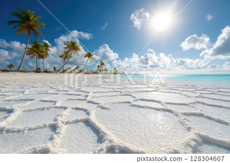 white hexagonal salt lake floor with a blue sky and sun white hexagonal salt lake floor with a blue sky and sun 128304607