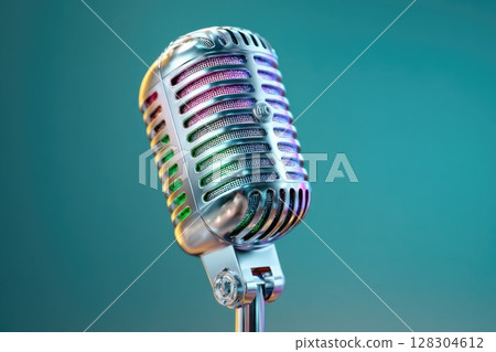 3D rendering of a microphone icon on a pastel background. Podcast concept 128304612