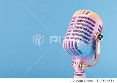 3D rendering of a microphone icon on a pastel background. Podcast concept 128304617