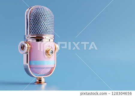 3D rendering of a microphone icon on a pastel background. Podcast concept 128304656