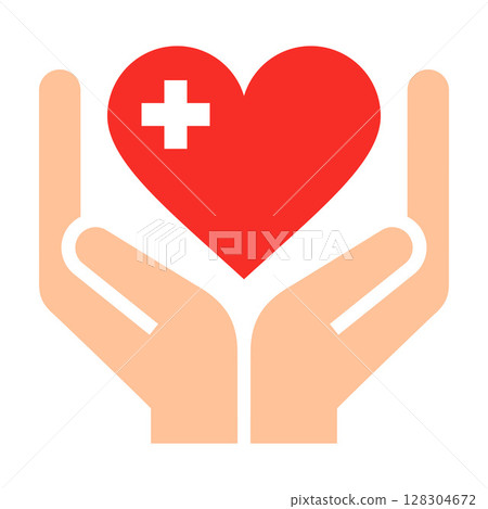 Health care icon, medical cross in red heart and hands. Cardiology symbol. Health care icon, medical cross in red heart and hands. Cardiology symbol. 128304672