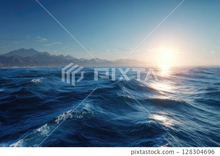 Realistic photo of the sea surface with a blue color and smooth waves, with the sun rising 128304696