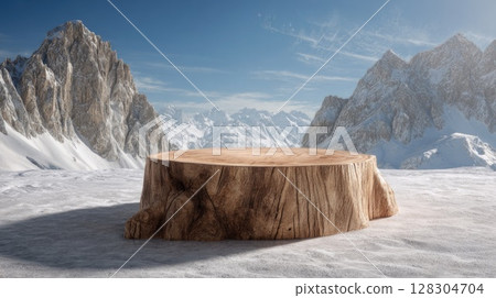 3D render of a wooden stump podium on a snow background. 128304704