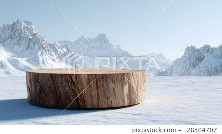 3D render of a wooden stump podium on a snow background. 3D render of a wooden stump podium on a snow background. 128304707