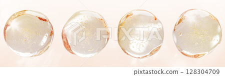 Gold oil drops with air bubbles 3d render icon. Liquid serum, collagen gel, vitamin essence droplets. Cosmetic skin care product, yellow transparent balls spheres, isolated render set. 3D illustration 128304709