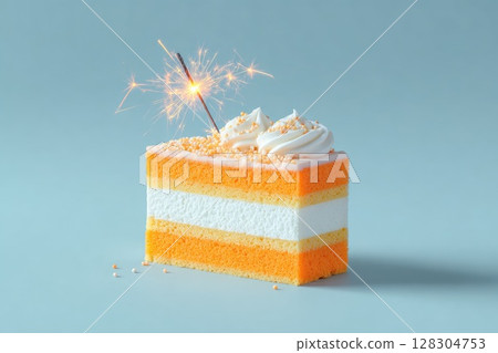 minimalist cute little cake with a sparkler on top The background is light blue. 128304753