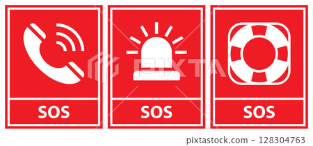 SOS icon set. SOS Emergency alarm button, rescue lifebuoy and emergency call symbol. 128304763