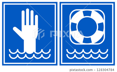 Drowning hazard, lifebuoy and lifeguard symbols. Beach warning sign set. 128304784