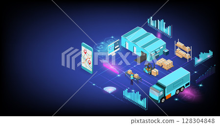 Global logistics solutions landing page concept with Smart Logistics, Business logistics, Warehouse Logistic, Online delivery, Export and Import. Global logistics solutions landing page concept with Smart Logistics, Business logistics, Warehouse Logistic, Online delivery, Export and Import. 128304848