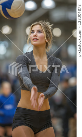 Focused female volleyball player prepares to serve, with ball frozen mid air in gym setting Focused female volleyball player prepares to serve, with ball frozen mid air in gym setting 128304878