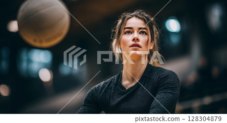 Focused female volleyball player prepares to serve, with ball frozen mid air in gym setting 128304879