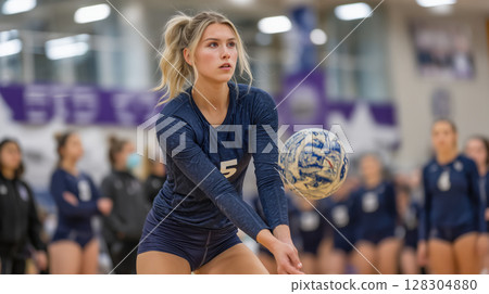 Focused female volleyball player preparing to serve in gym, ball in mid air, showcasing athletic determination Focused female volleyball player preparing to serve in gym, ball in mid air, showcasing athletic determination 128304880