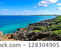 Okinawa's Miyakojima coral reef coast and crystal clear blue sea: A spectacular tropical landscape spread across the rocks 128304905