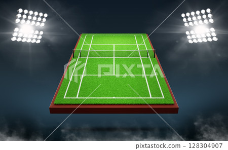 3d tennis court stadium at night with spotlights. Green field outdoor with net, grass texture, white lines and floodlights on dark blue background. Empty sport arena for tournament. 3D illustration 3d tennis court stadium at night with spotlights. Green field outdoor with net, grass texture, white lines and floodlights on dark blue background. Empty sport arena for tournament. 3D illustration 128304907