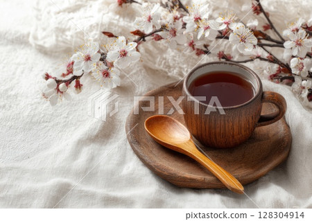 Cup of tea on a wooden plate, with a wooden spoon and white flowers in bloom Cup of tea on a wooden plate, with a wooden spoon and white flowers in bloom 128304914