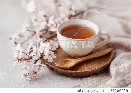 Cup of tea on a wooden plate, with a wooden spoon and white flowers in bloom 128304919