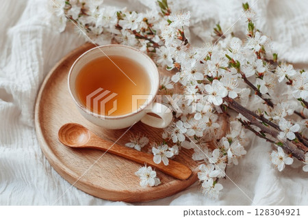 Cup of tea on a wooden plate, with a wooden spoon and white flowers in bloom Cup of tea on a wooden plate, with a wooden spoon and white flowers in bloom 128304921
