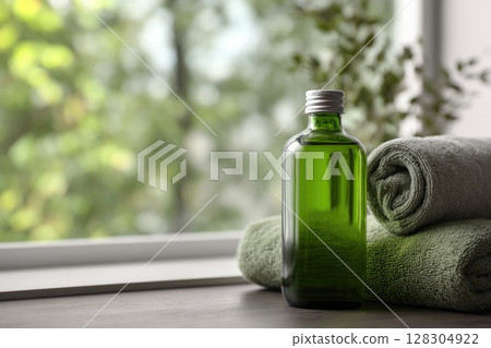 spa concept with natural soap and body lotion bottles on a soft pastel green towel. 128304922