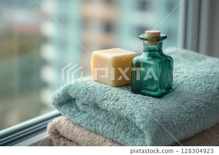 spa concept with natural soap and body lotion bottles on a soft pastel green towel. 128304923