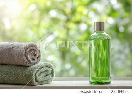 spa concept with natural soap and body lotion bottles on a soft pastel green towel. 128304924