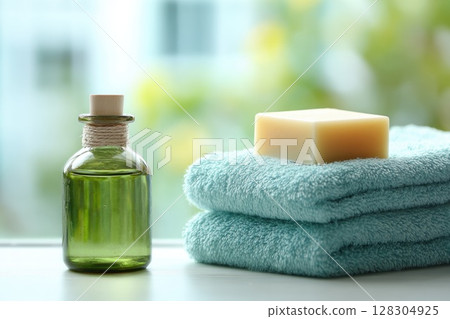 spa concept with natural soap and body lotion bottles on a soft pastel green towel. 128304925