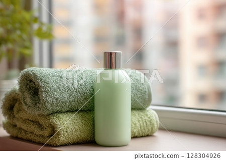 spa concept with natural soap and body lotion bottles on a soft pastel green towel. 128304926