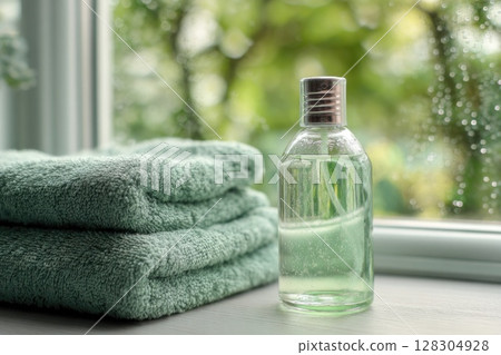 spa concept with natural soap and body lotion bottles on a soft pastel green towel. spa concept with natural soap and body lotion bottles on a soft pastel green towel. 128304928