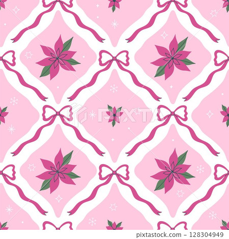 Seamless pattern with Christmas flowers and pink bows. Vector graphics. Seamless pattern with Christmas flowers and pink bows. Vector graphics. 128304949