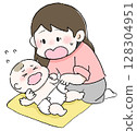 Illustration of a new mother changing a diaper 128304951