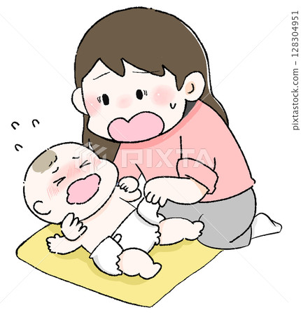 Illustration of a new mother changing a diaper 128304951