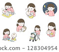 Mother raising a child Illustration set of mother taking care of baby Stroller and putting to sleep 128304954