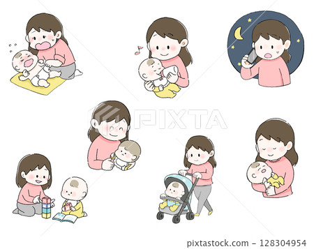 Mother raising a child Illustration set of mother taking care of baby Stroller and putting to sleep 128304954