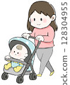 Illustration of a mother pushing a stroller and a baby taking an outdoor bath 128304955