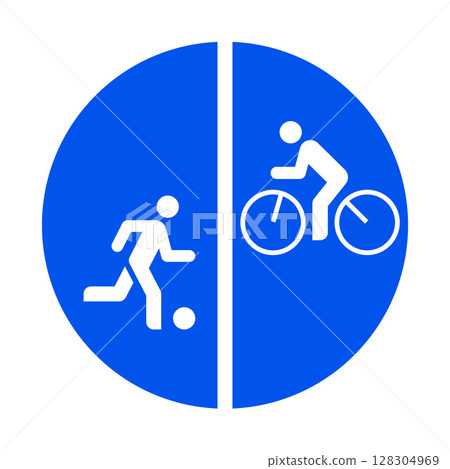 Playing football and bicycle path. Area for cyclists and play zone blue road sign. Playing football and bicycle path. Area for cyclists and play zone blue road sign. 128304969
